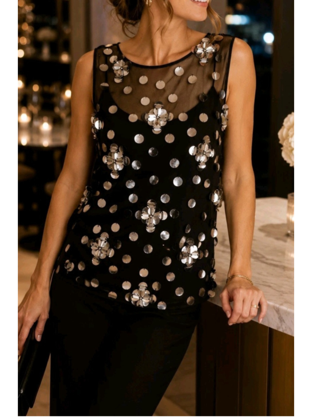 Milly Of New York Silk Sequin Floral Sleeveless Sheer Overlay Top Black USA Sz 8